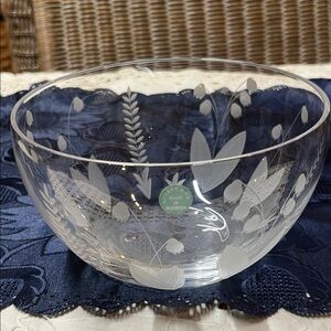 Tiffany & Co. Clear Glass Bowl with White Floral Design